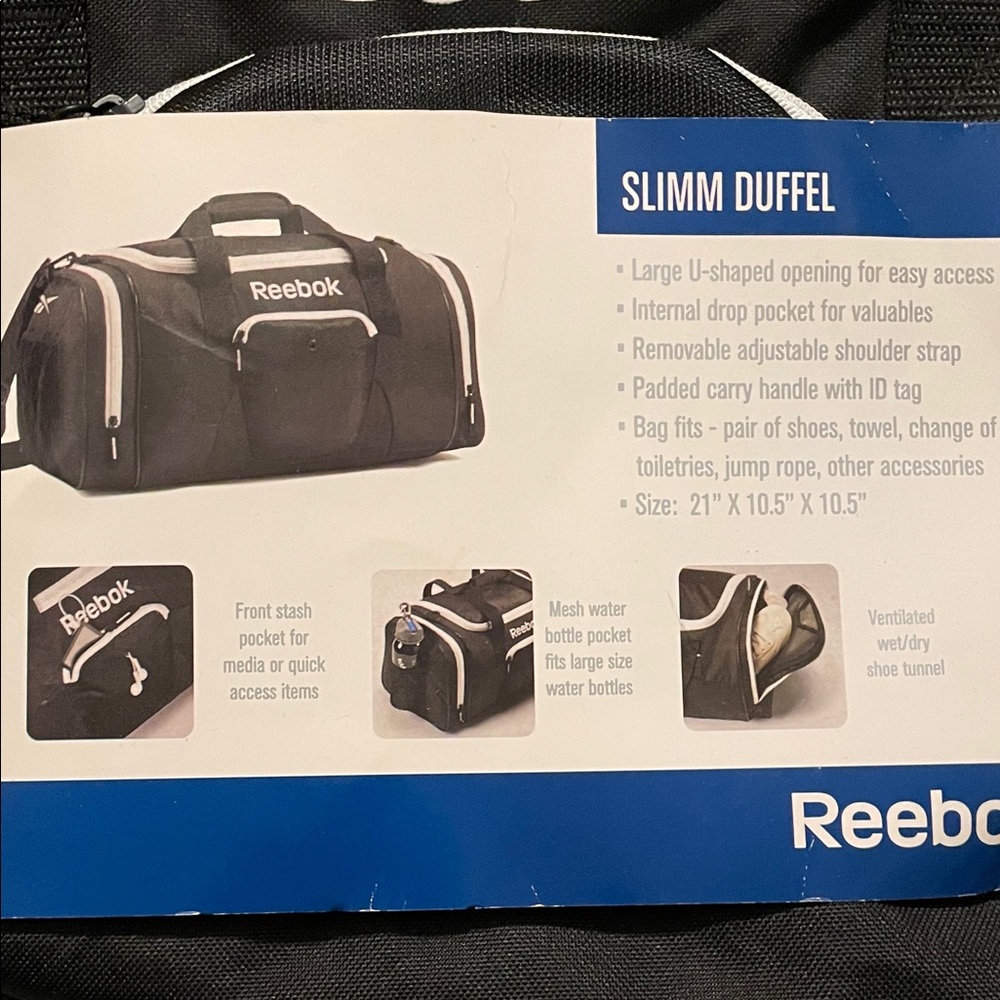 Reebok Slimm Black & White Duffel Bag Gym Bag Padded Handles & ID Tag NWT - Picture 2 of 5